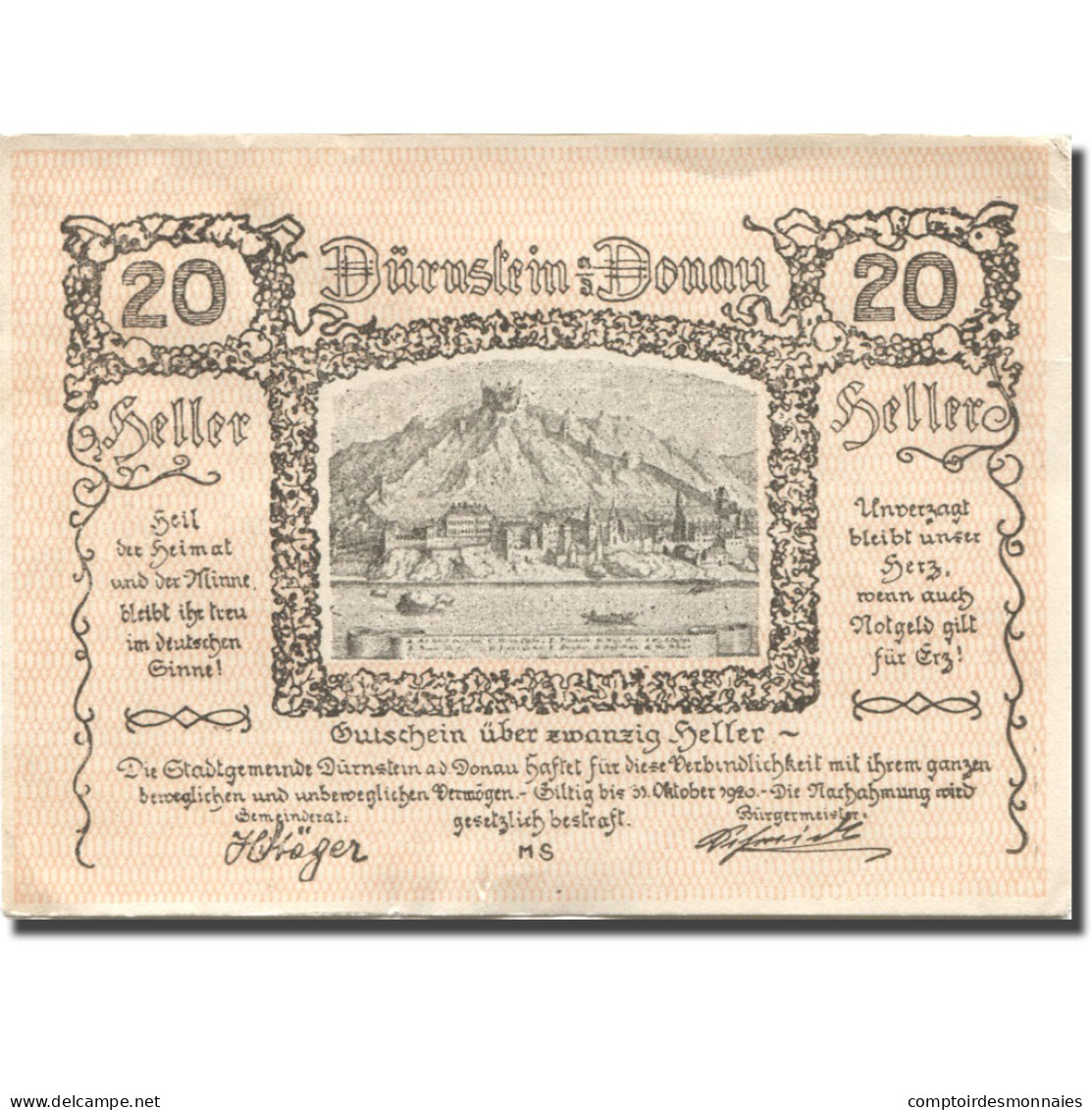 Billet, Autriche, Dürnstein, 20 Heller, Montagne 1920-10-31, SUP Mehl:FS 138 - Autriche