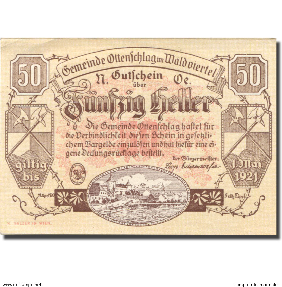 Billet, Autriche, Ottenschlag, 50 Heller, Château, 1921 SPL Mehl:FS 716a - Autriche