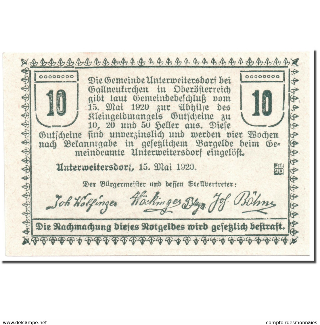 Billet, Autriche, Unterweitersdorf, 10 Heller, Paysage, 1920, 1920-05-15, SPL - Autriche