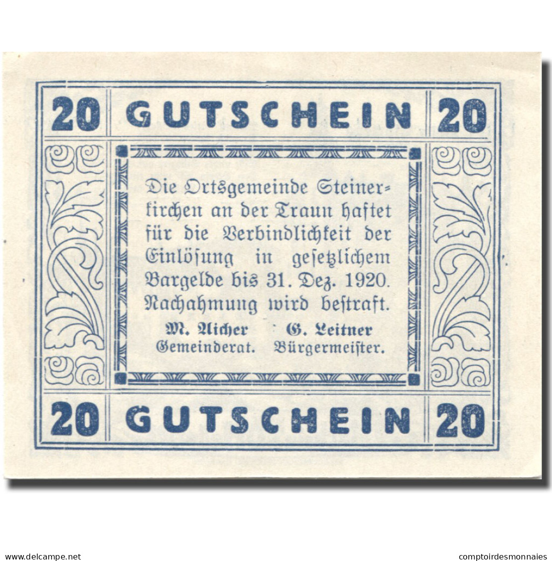 Billet, Autriche, Steinerkirchen 20 Heller, Chateau 1, 1920 SPL Mehl:FS 1029I - Autriche