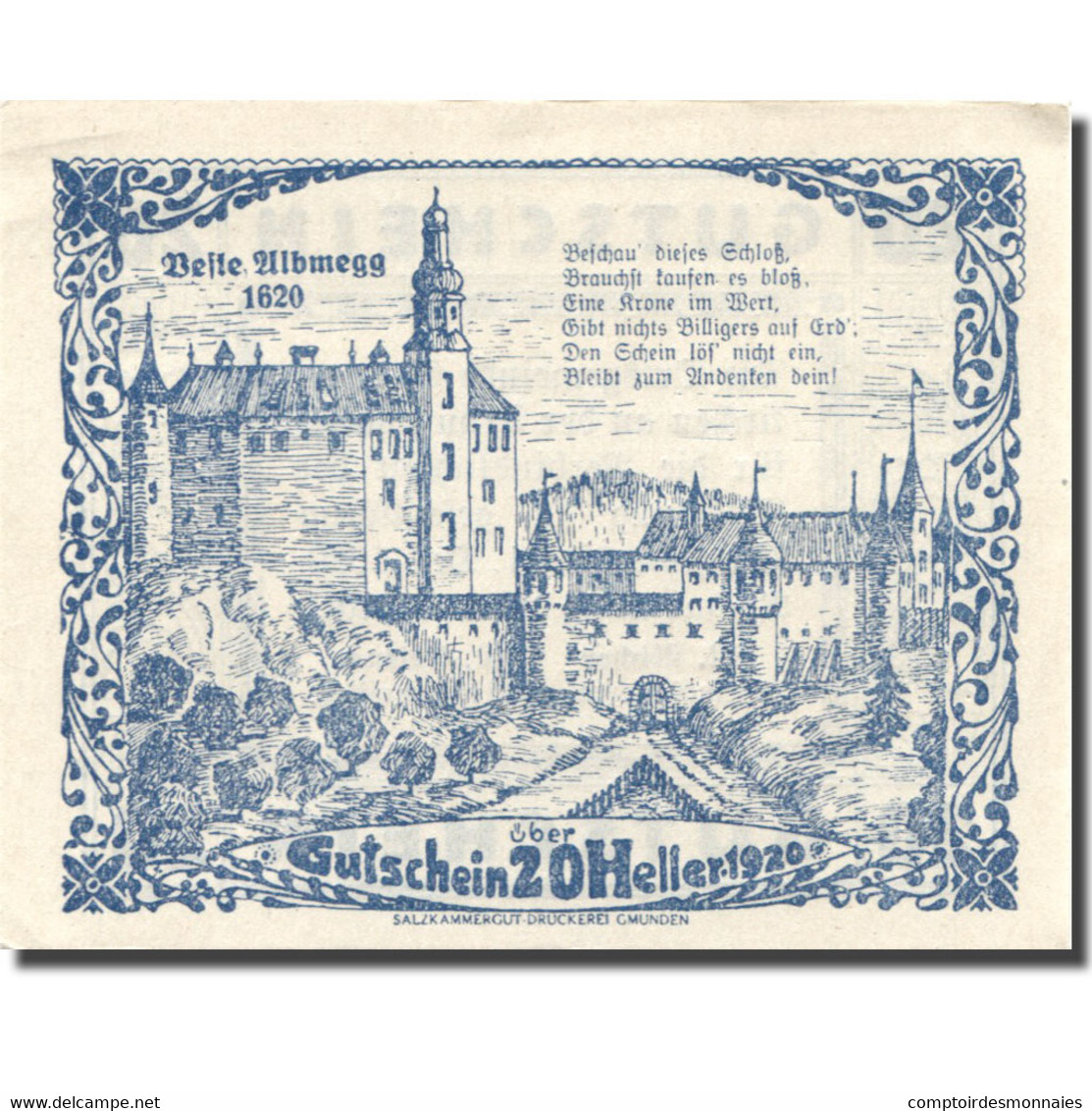 Billet, Autriche, Steinerkirchen 20 Heller, Chateau 1, 1920 SPL Mehl:FS 1029I - Autriche