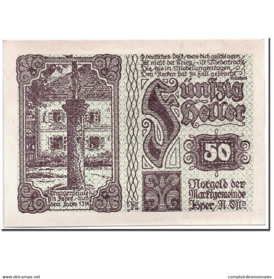 Billet, Autriche, Ysper, 50 Heller, Monument, 1920, 1920-04-11, SPL, Mehl:1261 - Autriche