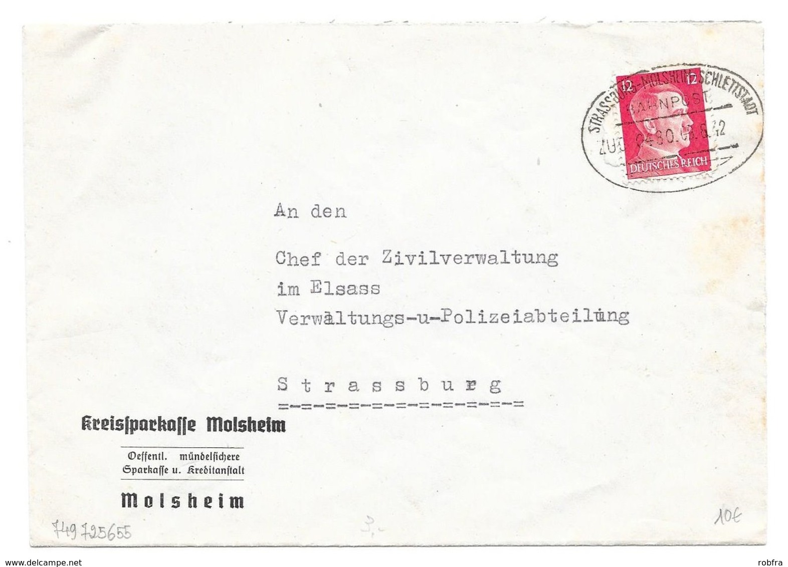 BAHNPOST STRASSBURG-MOLSHEIM-SCHLETTSTADT, Zug 0480, 1942 - Autres & Non Classés