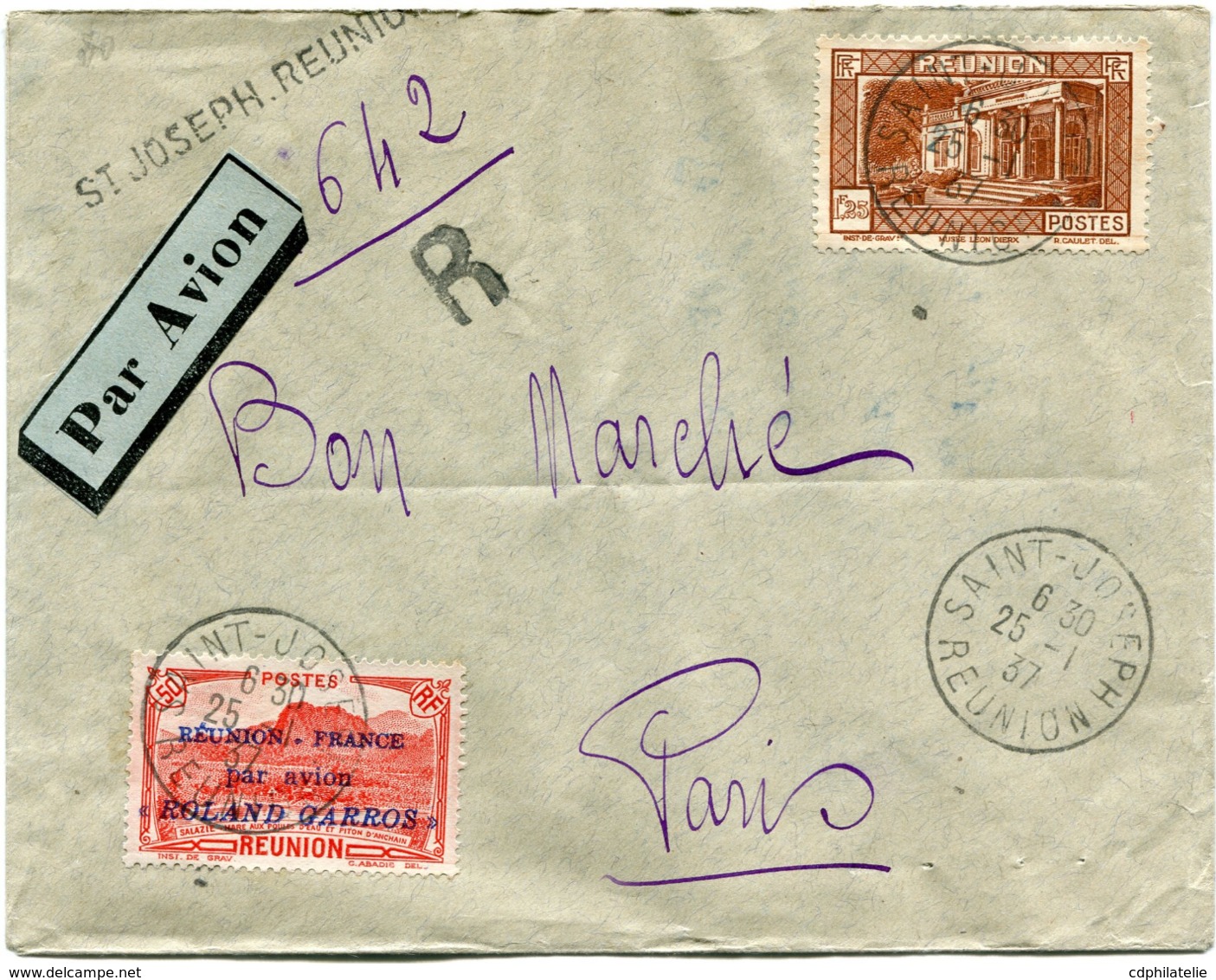 REUNION LETTRE RECOMMANDEE PAR AVION AFFRANCHIE AVEC LE PA 1 DEPART SAINT-JOSEPH 25-1-37 REUNION POUR LA FRANCE - Storia Postale