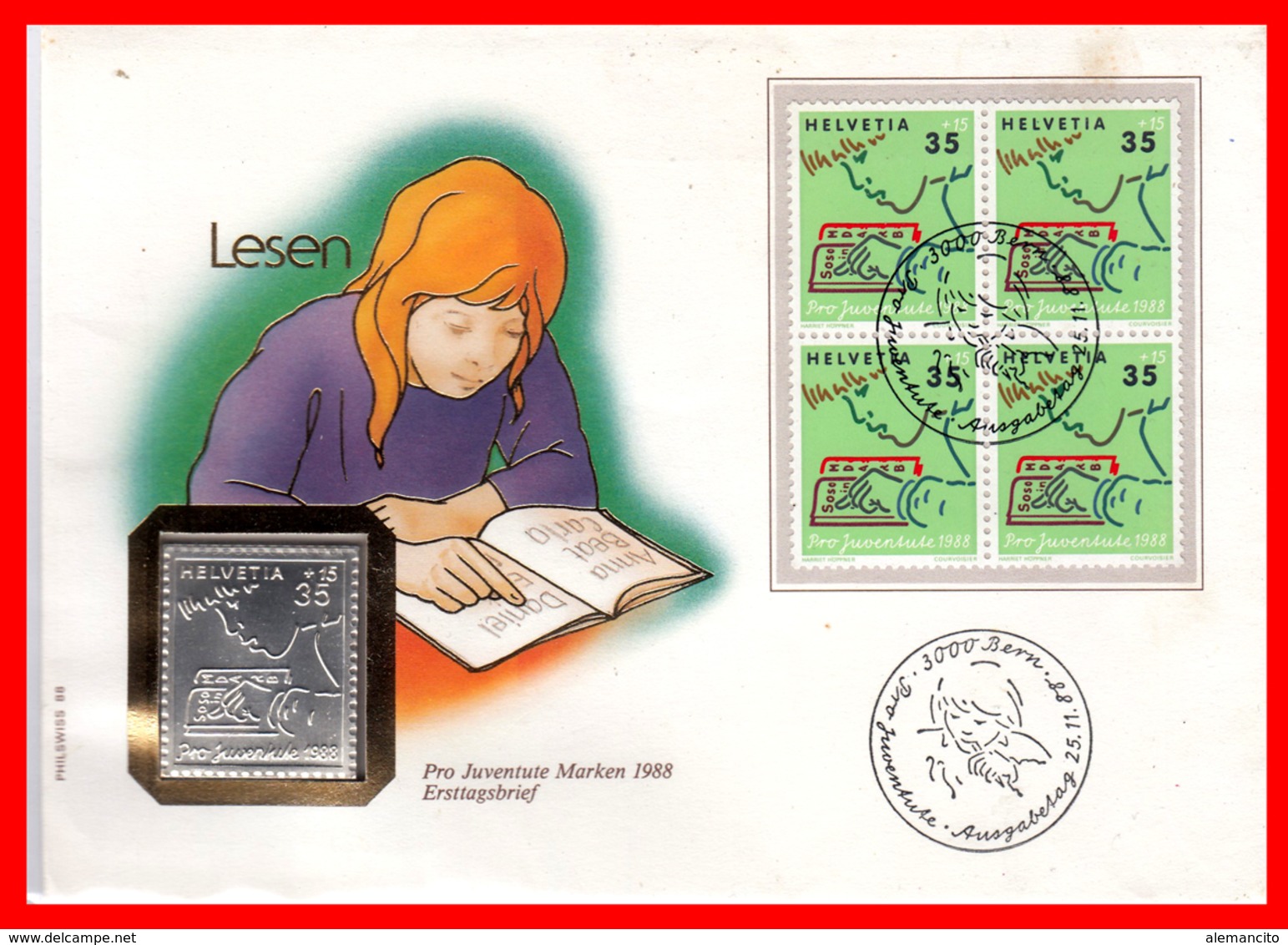 HELVETIA  ( SUIZA )  PRO JUVENTUTE - LINGOTE DEPLATA CON BLOQUE DE 4 SELLOS AÑO 1988 - Unused Stamps