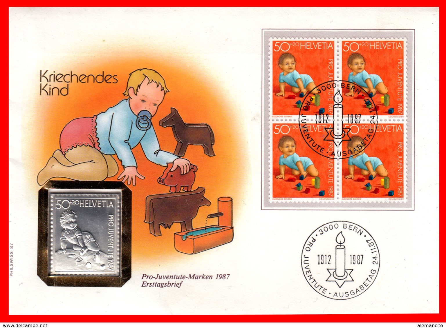 HELVETIA  ( SUIZA )  PRO JUVENTUTE - LINGOTE DE PLATA CON BLOQUE DE 4 SELLOS AÑO 1987 - Unused Stamps