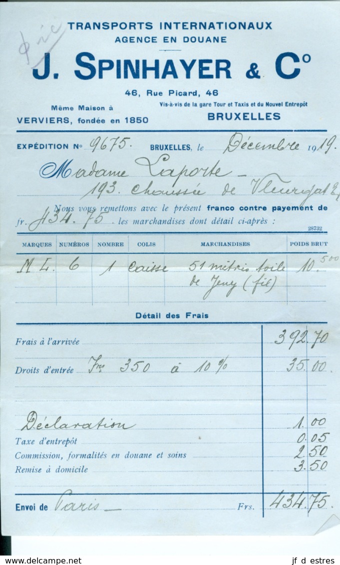 Facture Transports Internationaux J. Spinhayer & C°, Bruxelles, 1919 - Transportmiddelen