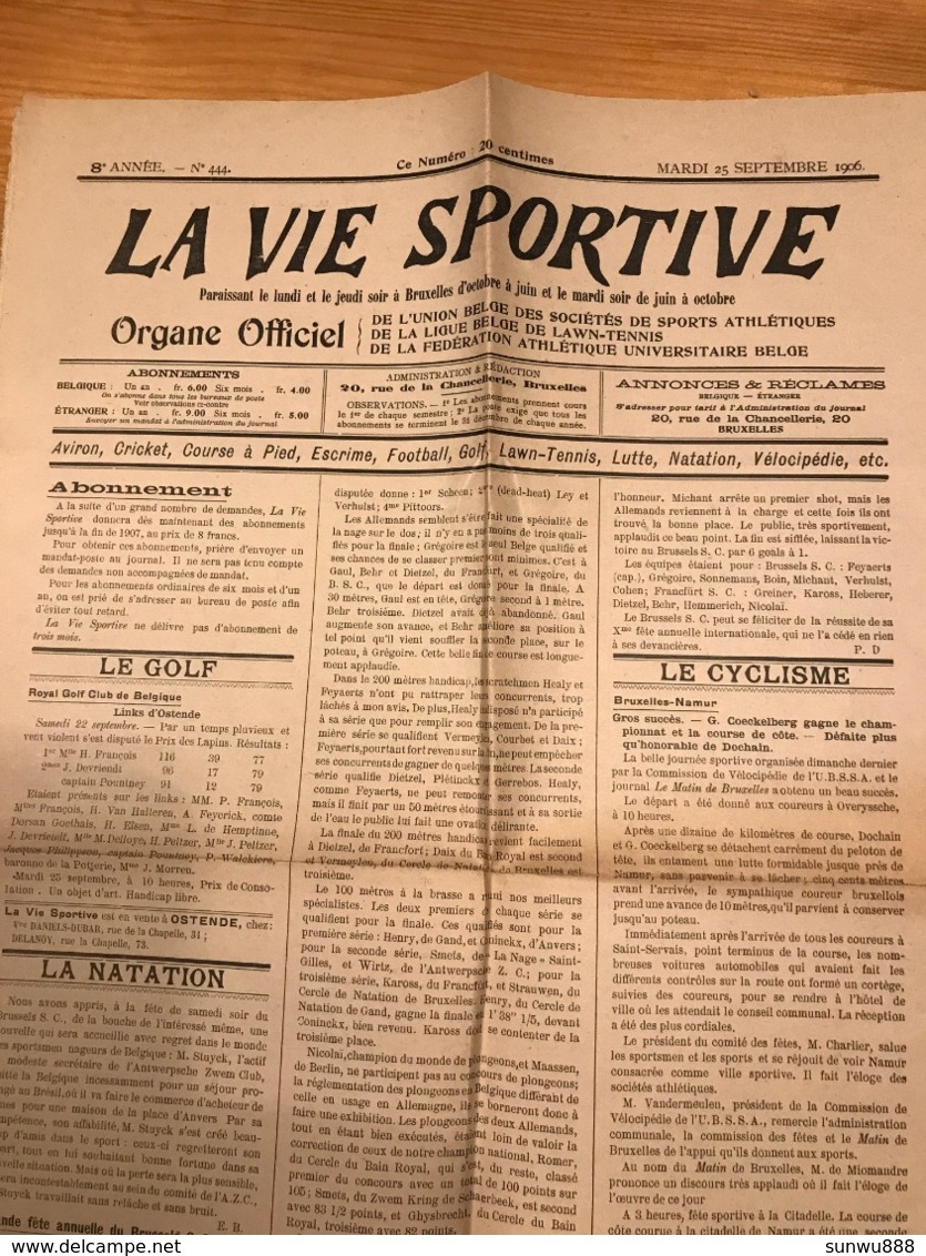 La Vie Sportive - Septembre 1906 (2 Feuillets, Bruxelles, Golf Cyclisme Publicité...) - Autres & Non Classés