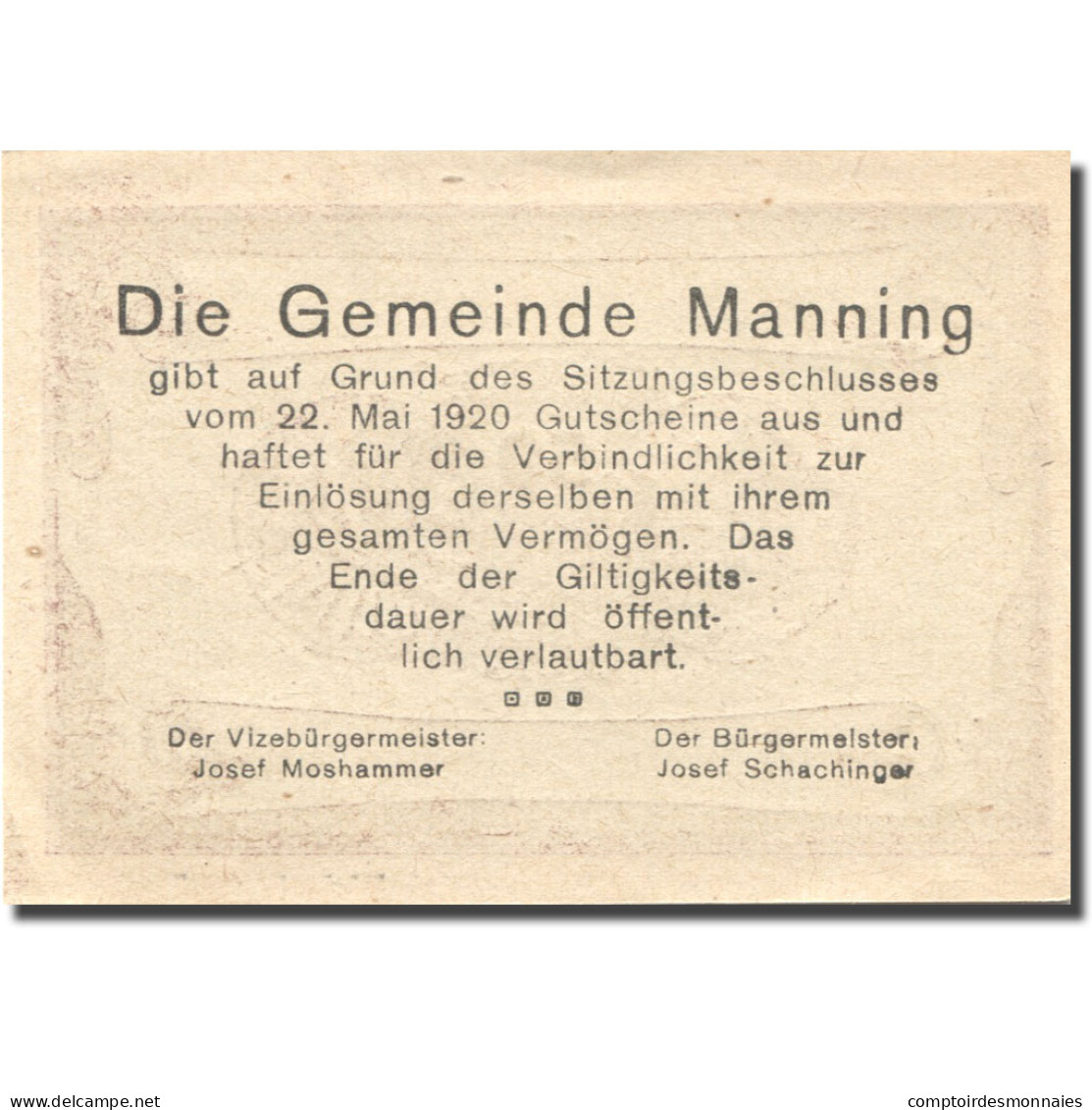 Billet, Autriche, Manning, 50 Heller, Parchemin 1920-05-22, SPL Mehl:FS 578c - Oesterreich