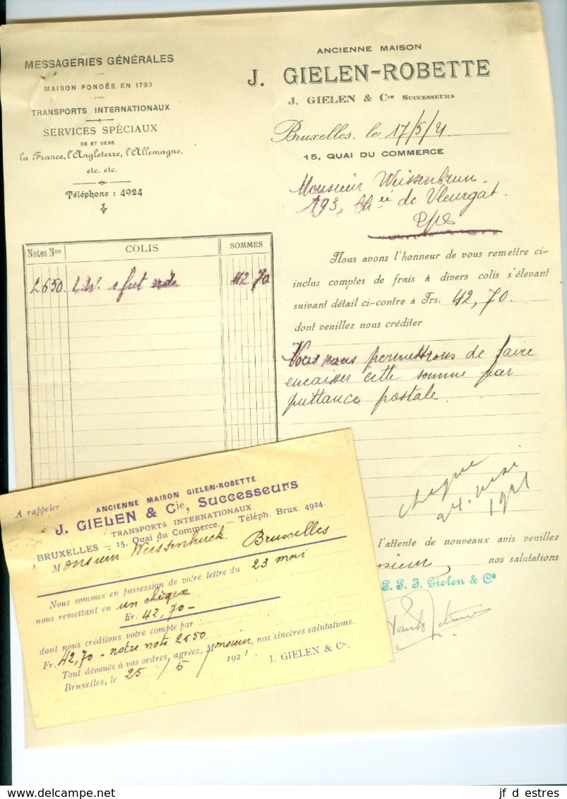 3 Documents (carte Récépissé Timbrée, état De Compte Et Facture) Messageries J. Gielen Bruxelles 1921 Fût De Vin Vide - Verkehr & Transport