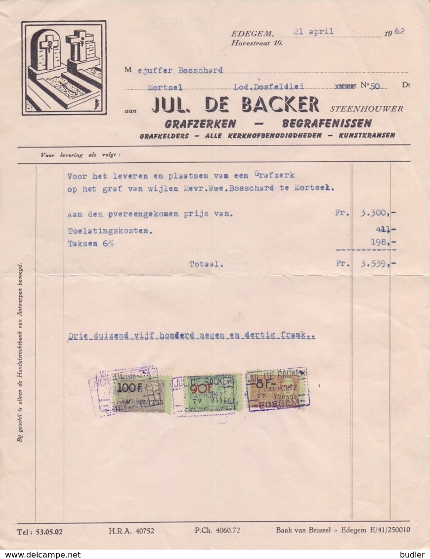1962: Factuur Van ## Jul. DE BACKER, Hovestraat, 10, EDEGEM ## Aan ##Mvr. Wed. BOSSHARD, Lod. Dosfeldlei, 50, MORTSEL## - 1950 - ...