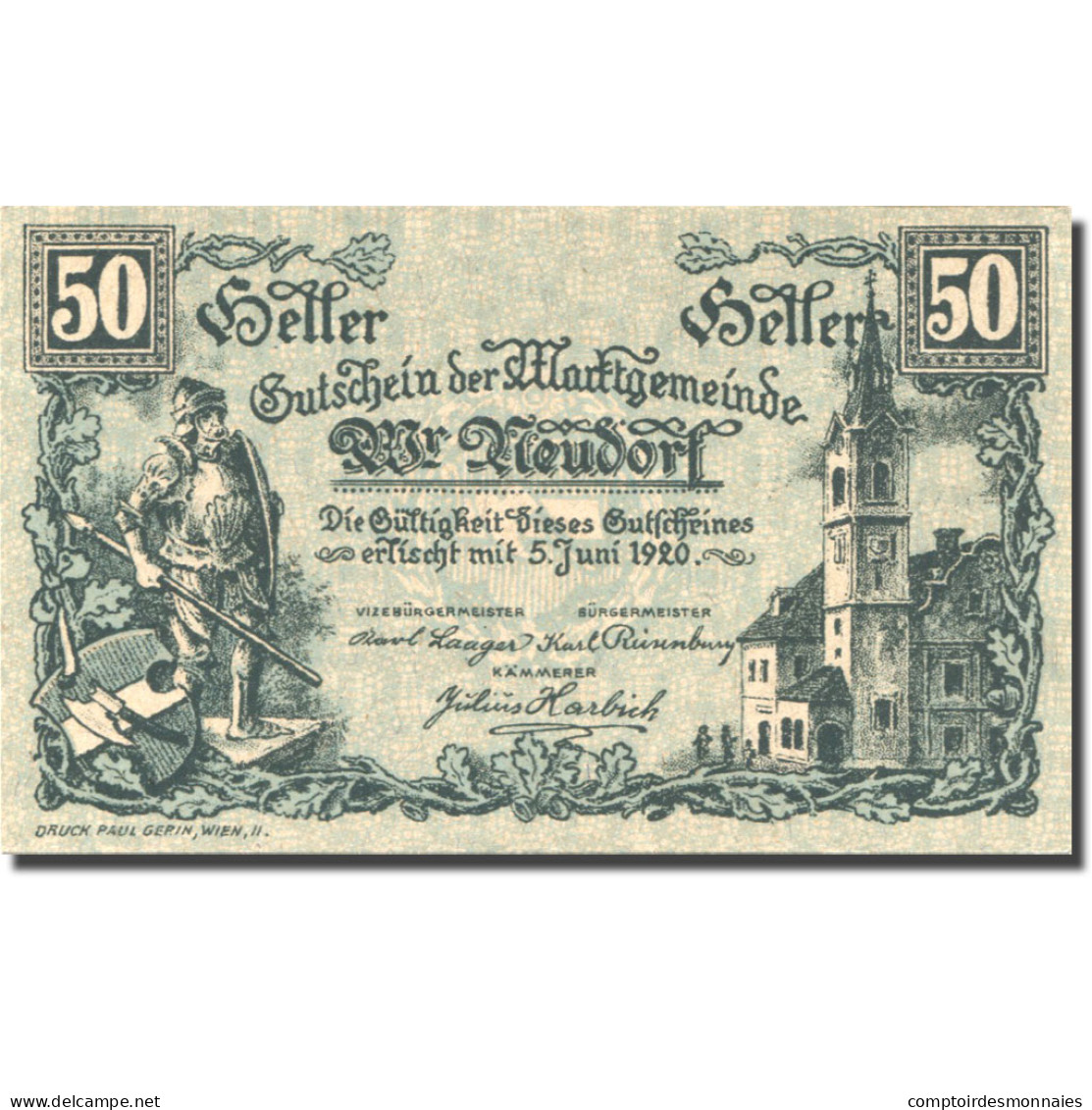 Billet, Autriche, Neudorf, 50 Heller, Chevalier 2, 1920 SPL Mehl:FS 1229Ia - Autriche