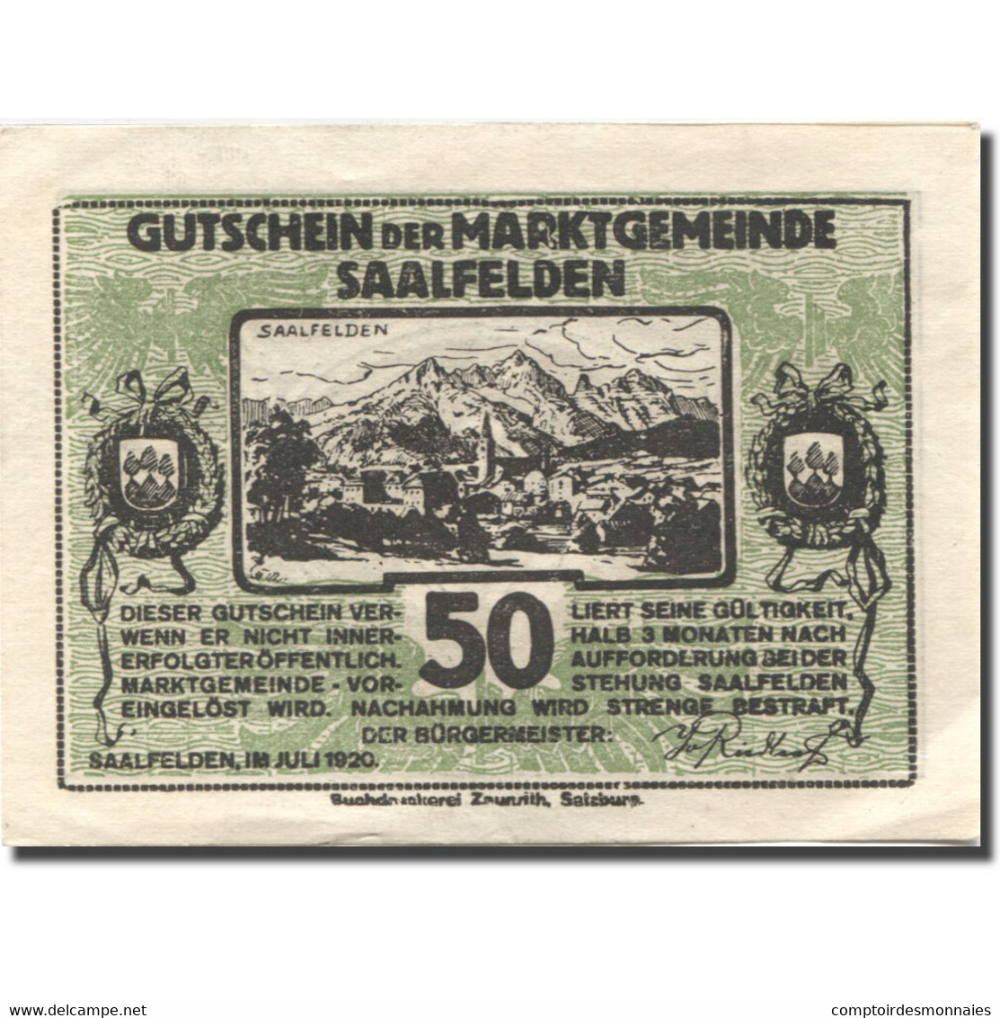 Billet, Autriche, Saalfelden, 50 Heller, Montagne, SPL, Mehl:FS 859b - Autriche