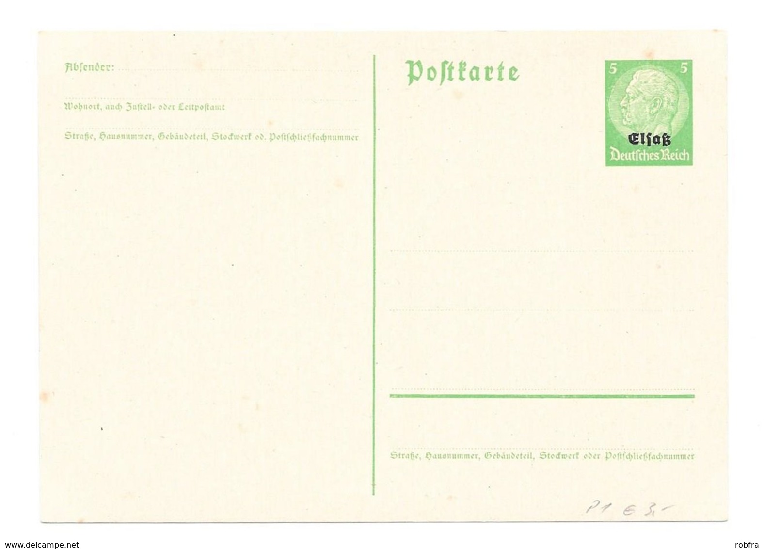 Carte Postale, Effigie De Hindenburg, Surcharge „Elsaß“, 5 Pfennig Vert Clair, 1940 - Autres & Non Classés