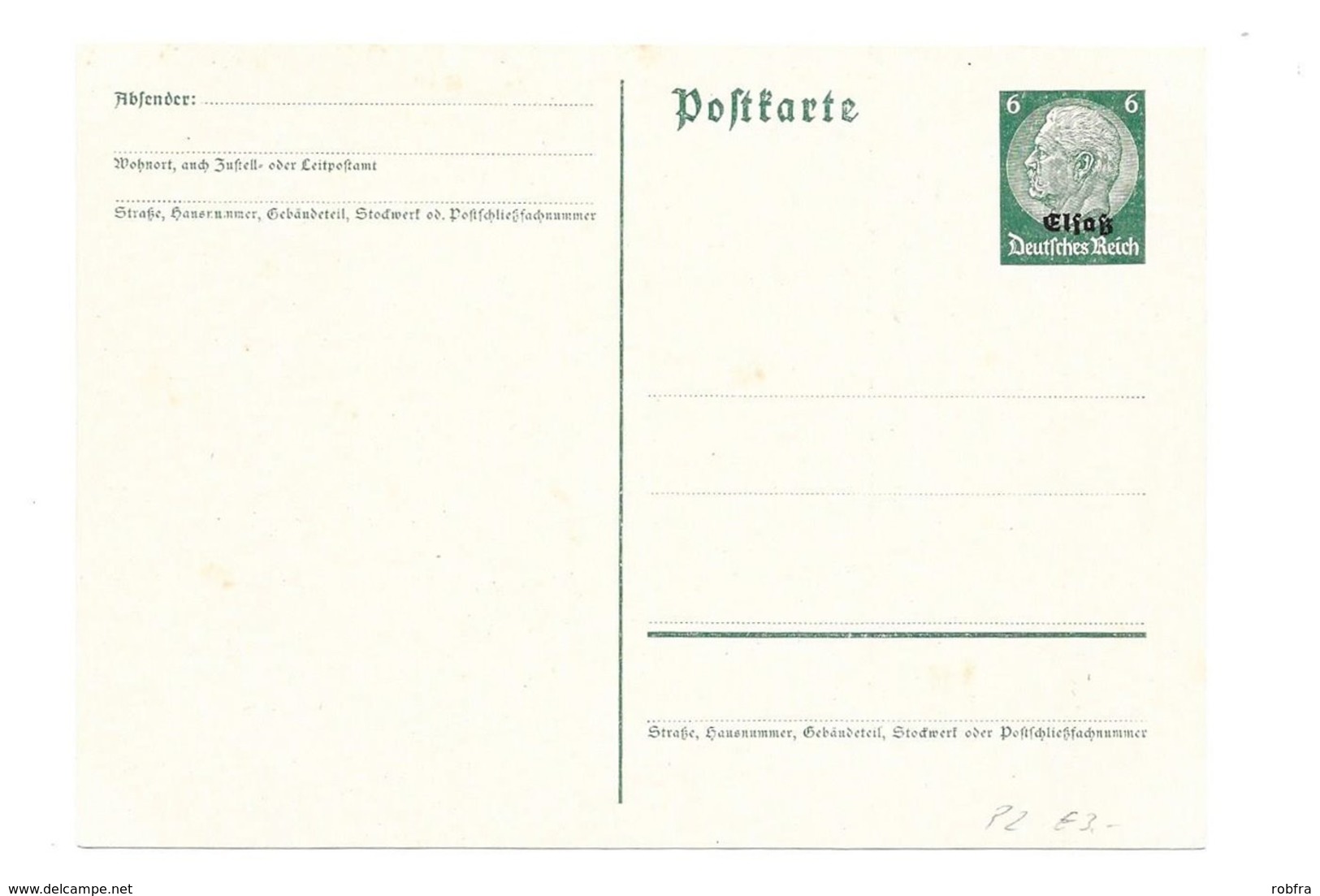 Carte Postale, Effigie De Hindenburg, Surcharge „Elsaß“, 6 Pfennig Vert Foncé, 1940 - Autres & Non Classés