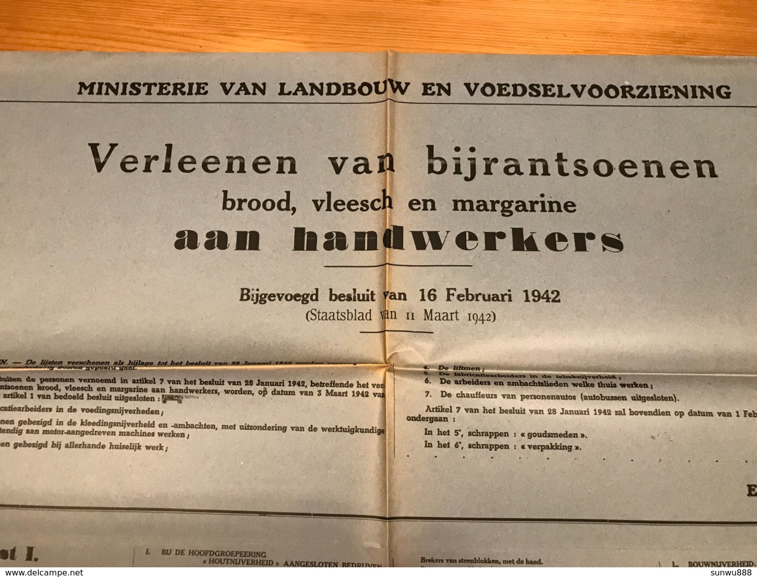 1942 - Verleenen Van Bijrantsoenen Brood, Vleesch En Margarine Aan Handwerkers WW2 - Manifesti