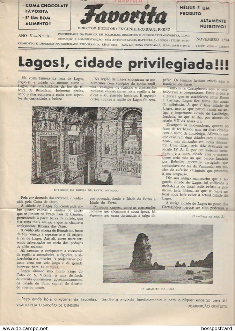 Lagos - Jornal Da Favorita De Novembro De 1954 - Chocolate E Biscoitos - Imprensa - Publicidade. Faro. - Cuisine & Vins