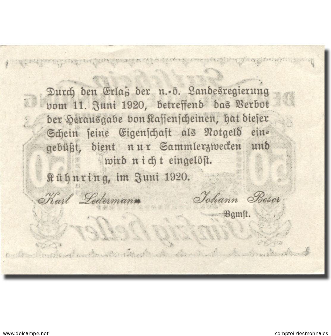 Billet, Autriche, Kuhnring, 50 Heller, Cimetière 1920-12-31, SPL Mehl:FS 489f - Autriche