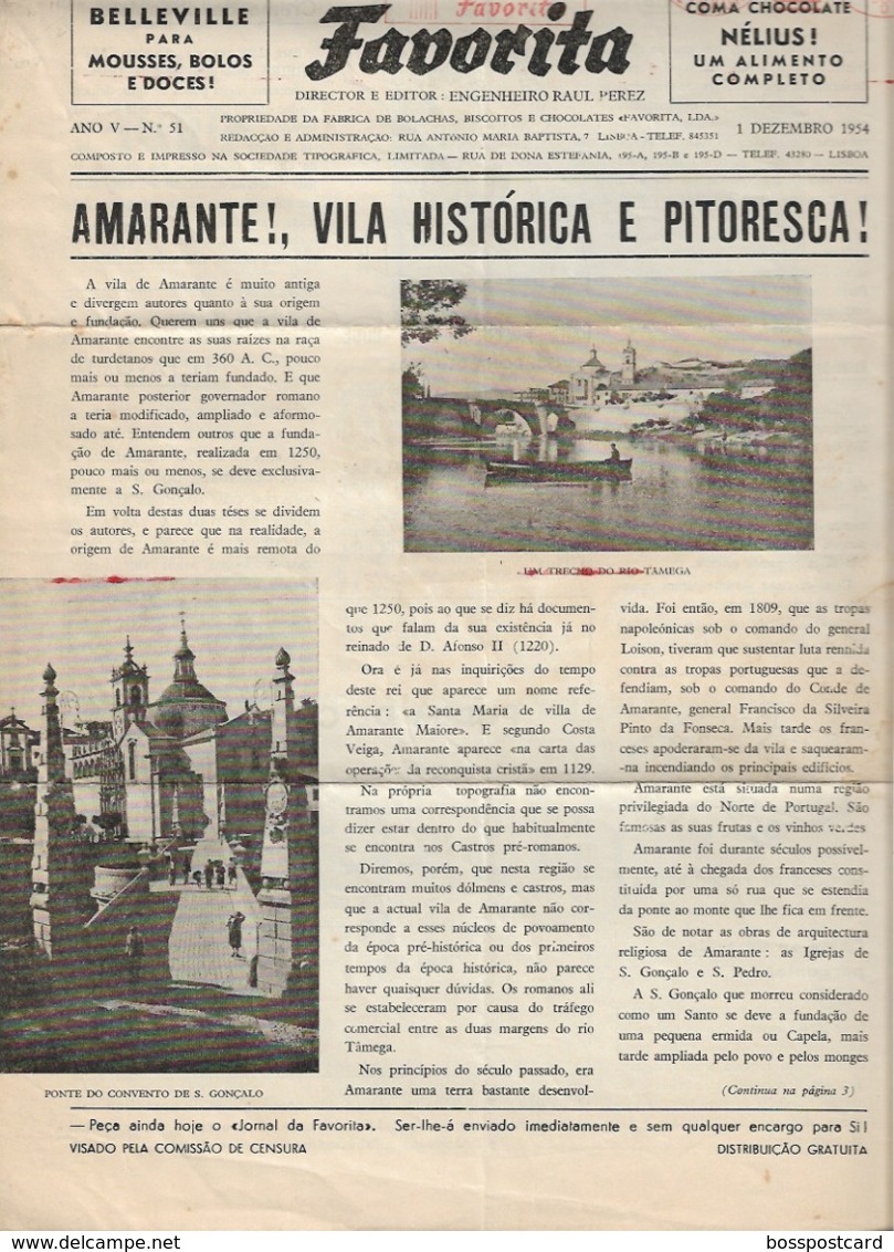 Amarante - Jornal Da Favorita De 1 De Dezembro De 1954 - Chocolate E Biscoitos -  Imprensa - Publicidade. Porto. - Cooking & Wines
