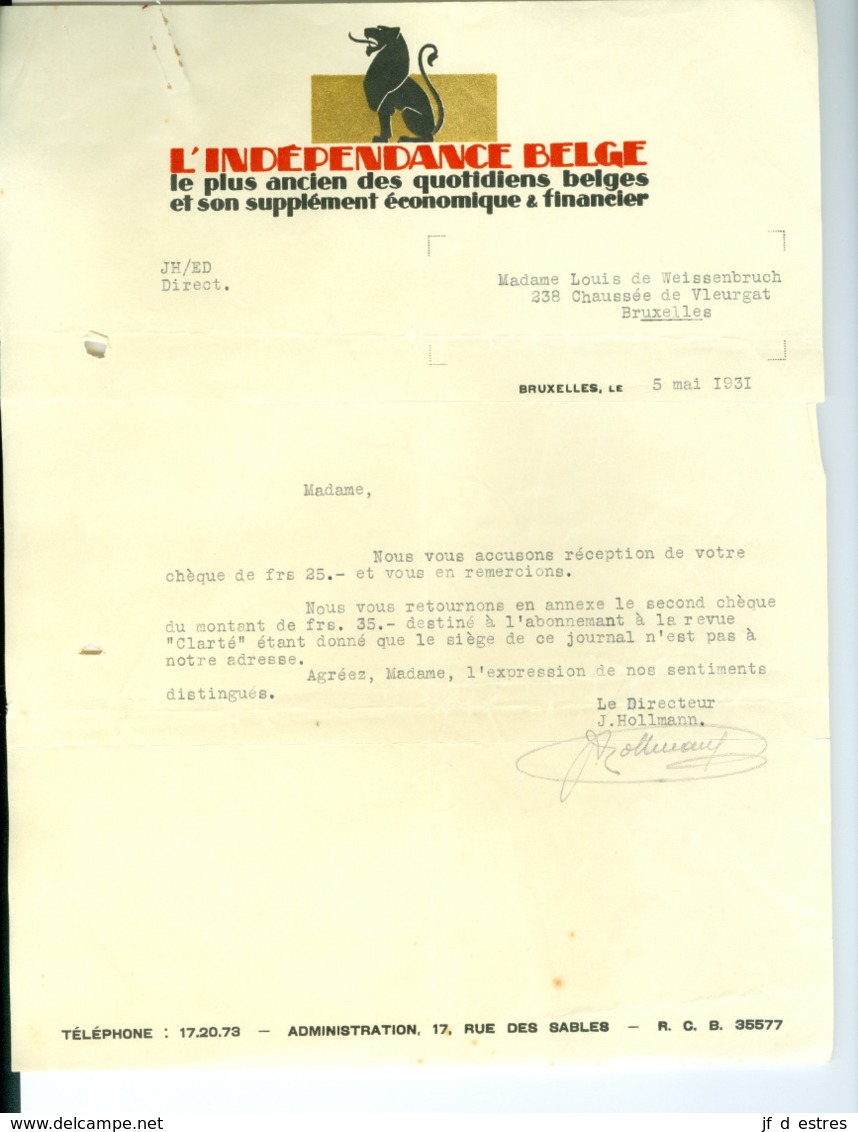 Lettre De L'Indépendance Belge, Carte Récépissé, Trois Reçus Bruxelles 1931 (à Mme Louis De Weissenbruch) - Imprenta & Papelería