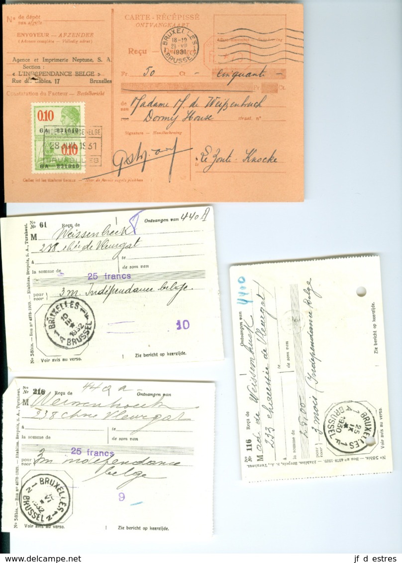 Lettre De L'Indépendance Belge, Carte Récépissé, Trois Reçus Bruxelles 1931 (à Mme Louis De Weissenbruch) - Imprimerie & Papeterie