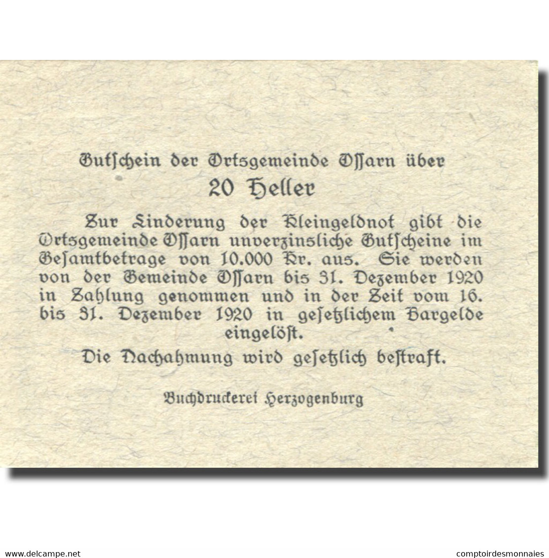 Billet, Autriche, Ossarn, 20 Heller, Eglise 1920-12-31, SPL, Mehl:FS 712a2.1 - Austria