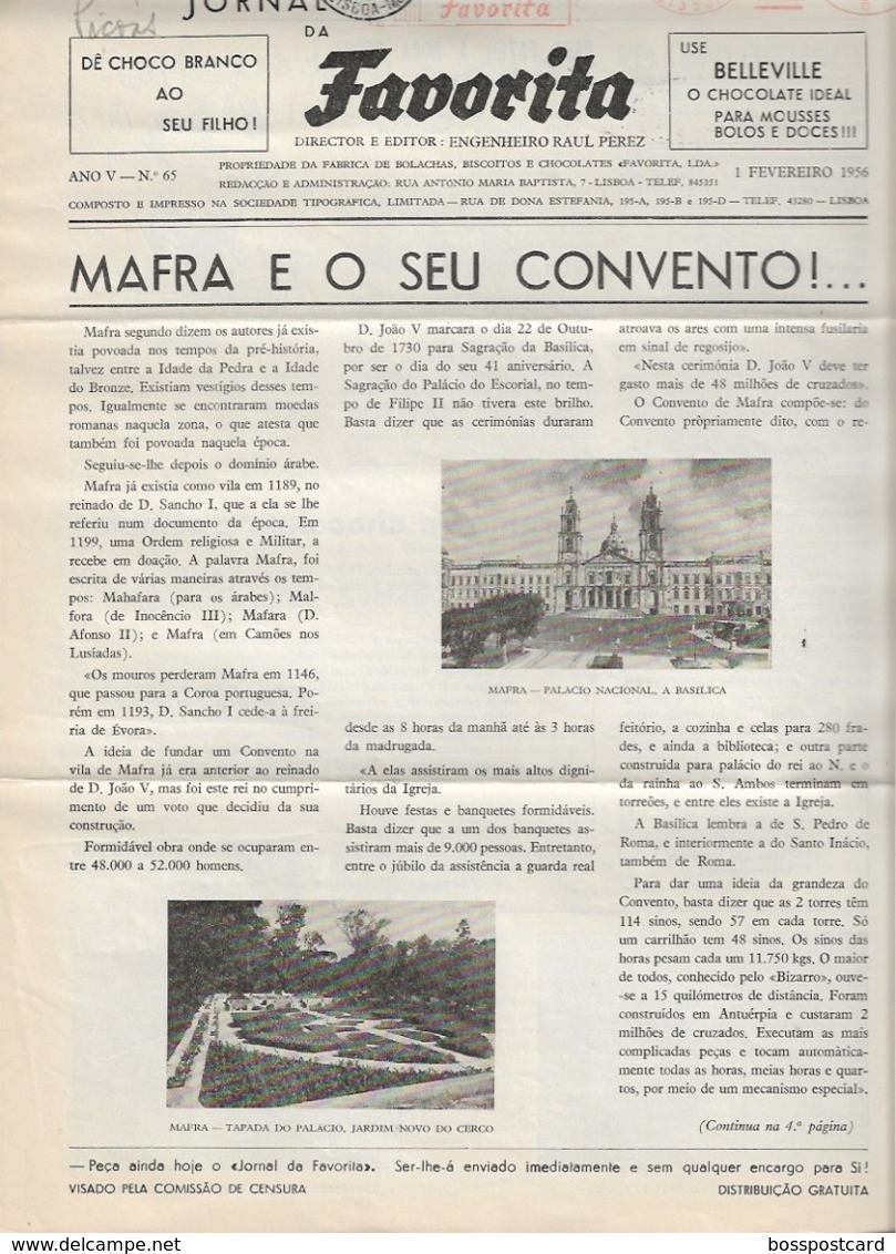 Mafra - Jornal Da Favorita De 1 De Fevereiro De 1956 - Chocolate E Biscoitos - Imprensa - Publicidade - Cuisine & Vins