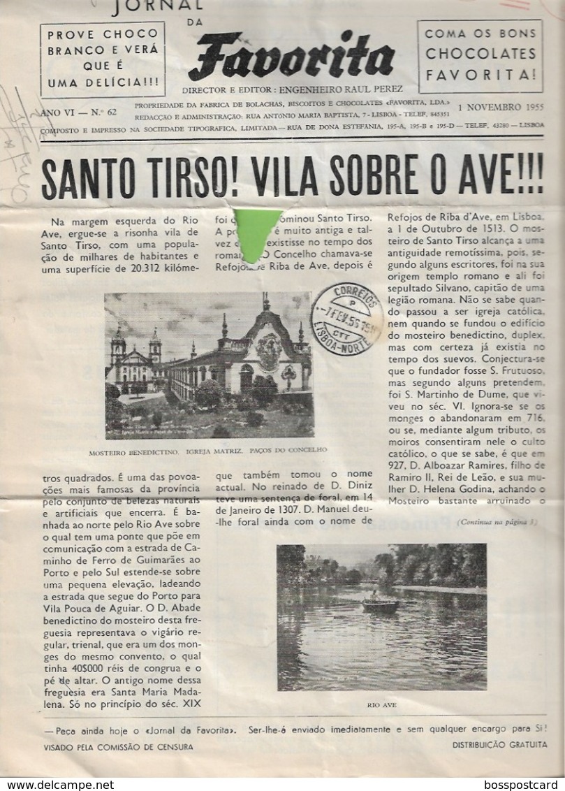 Santo Tirso - Jornal Da Favorita De 1 De Novembro De 1955 - Chocolate E Biscoitos - Imprensa - Publicidade (danificado) - Cooking & Wines