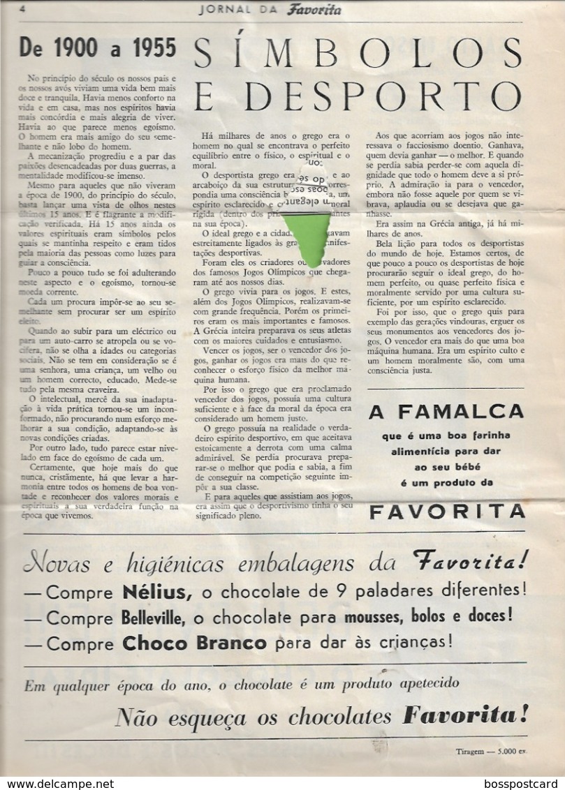 Santo Tirso - Jornal Da Favorita De 1 De Novembro De 1955 - Chocolate E Biscoitos - Imprensa - Publicidade (danificado) - Cuisine & Vins