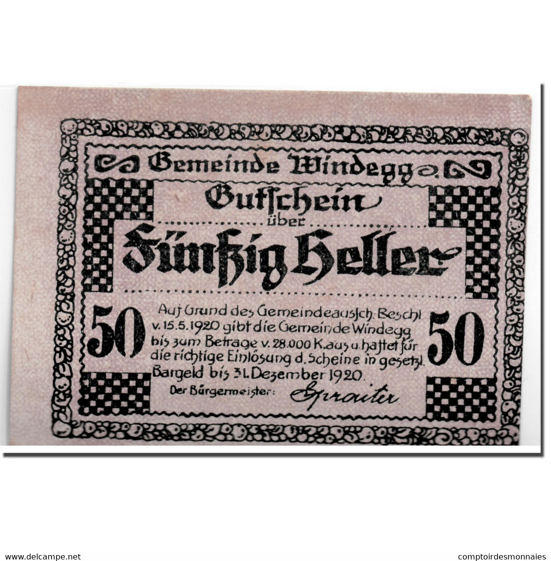 Billet, Autriche, Windegg, 50 Heller, Paysage, 1920, 1920-05-15, SPL, Mehl:1241 - Autriche