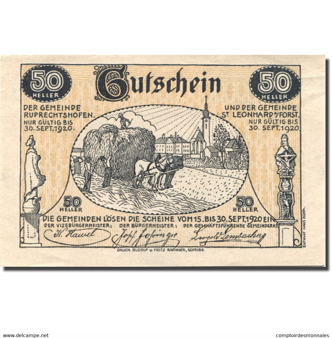 Billet, Autriche, St Leonhard, 50 Heller, Agriculteur, 1920, SPL  Mehl:FS 901a - Autriche
