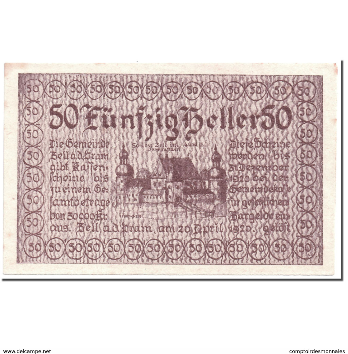 Billet, Autriche, Zell An Der Pram, 50 Heller, Paysage, 1920, 1920-04-20, SPL - Autriche