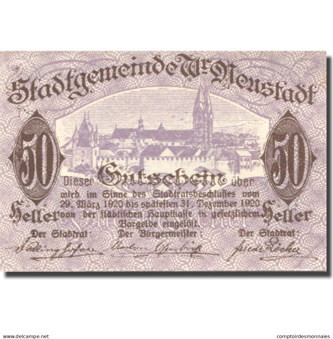 Billet, Autriche, Neustadt, 50 Heller, Château 1920-12-31, SPL Mehl:FS 1230b - Autriche