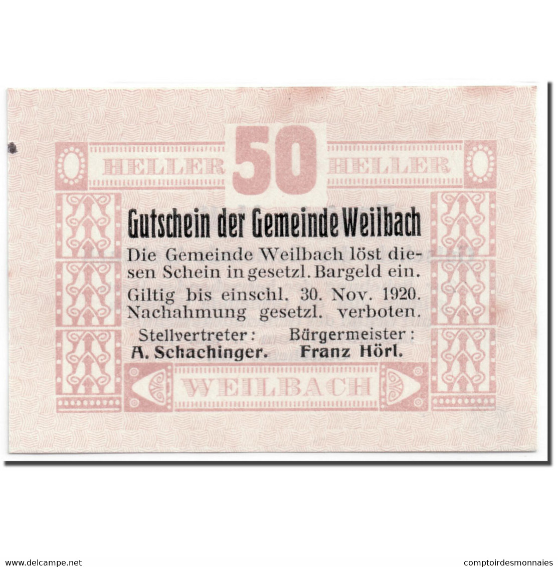 Billet, Autriche, Weilbach, 50 Heller, Graphique, 1920, 1920-05-02, SPL - Autriche