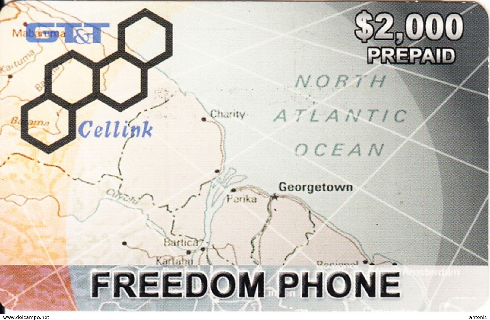 GUYANA - Map, Freedom Phone, GT&T Prepaid Card $2000, Used - Guyana