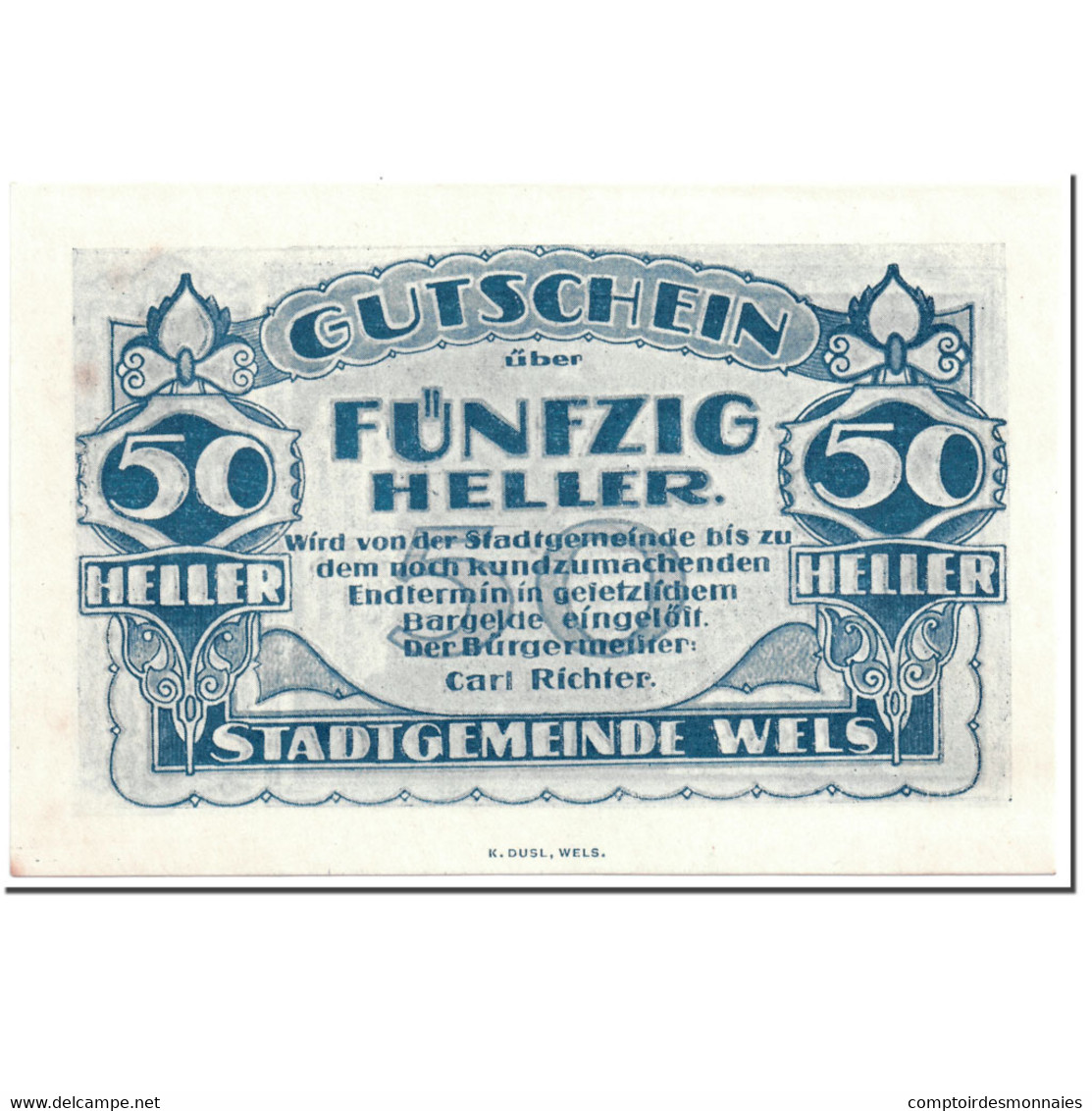 Billet, Autriche, Wels, 50 Heller, Personnage, SPL, Mehl:1167 II - Autriche