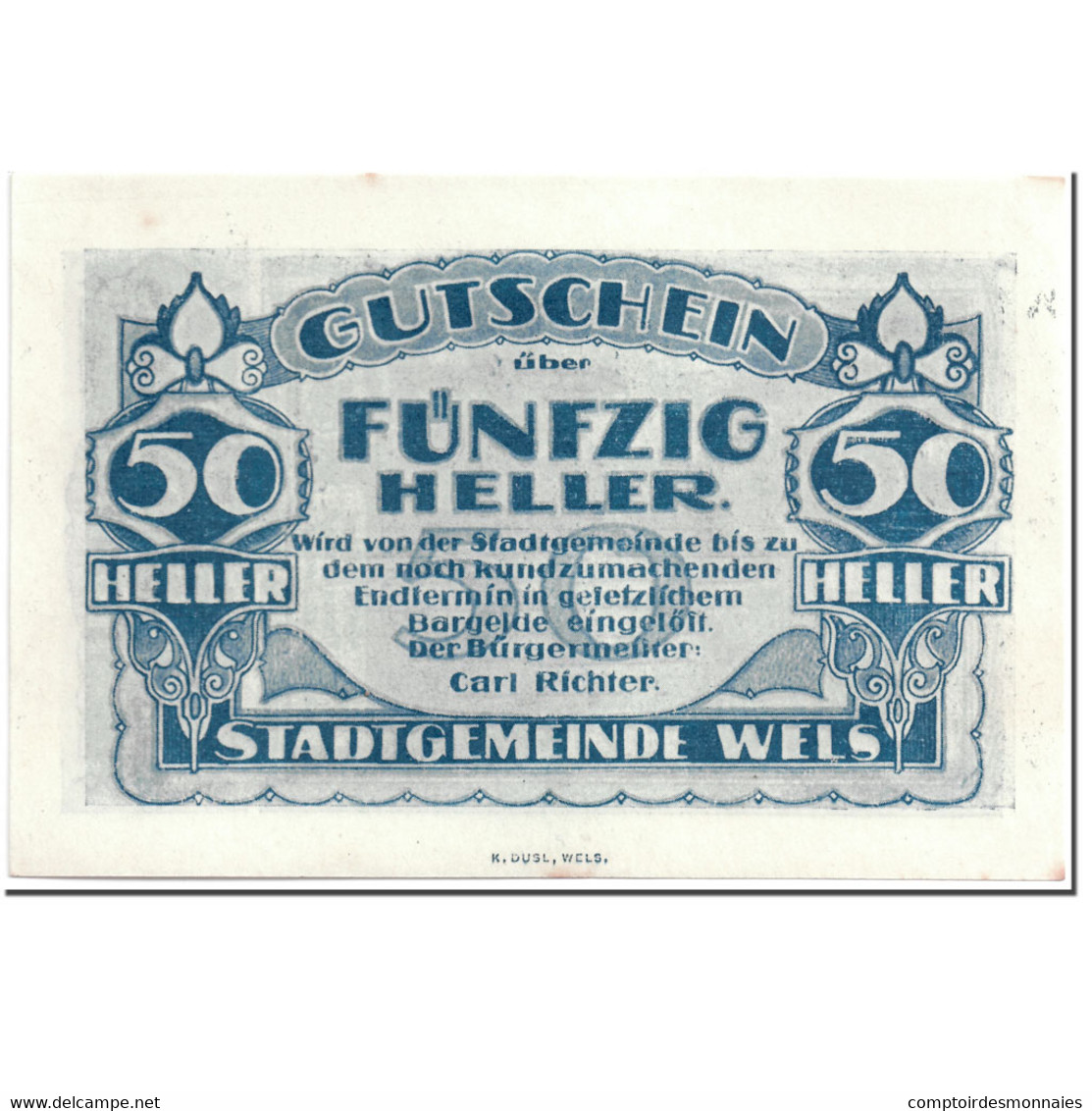 Billet, Autriche, Wels, 50 Heller, Maison, SPL, Mehl:1167 II - Autriche