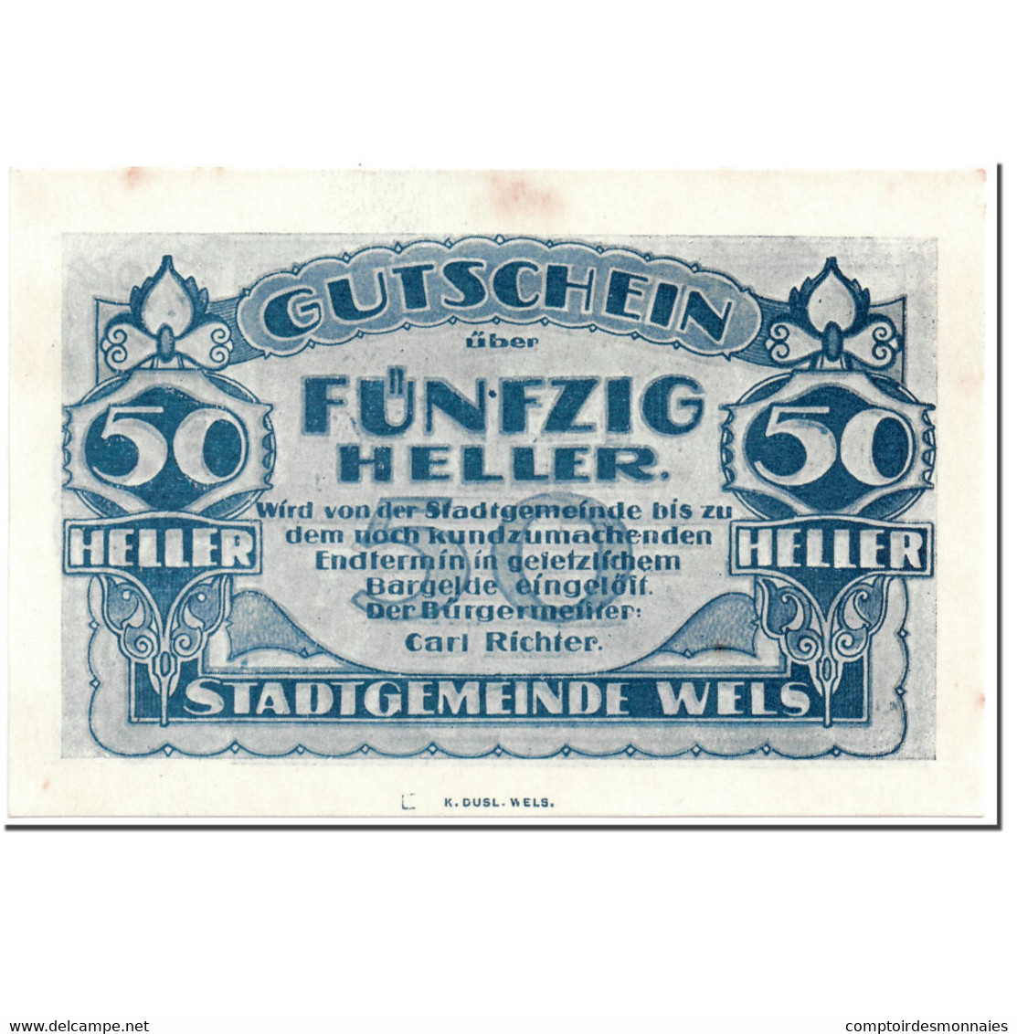 Billet, Autriche, Wels, 50 Heller, Centre Ville, SPL, Mehl:1167 II - Austria