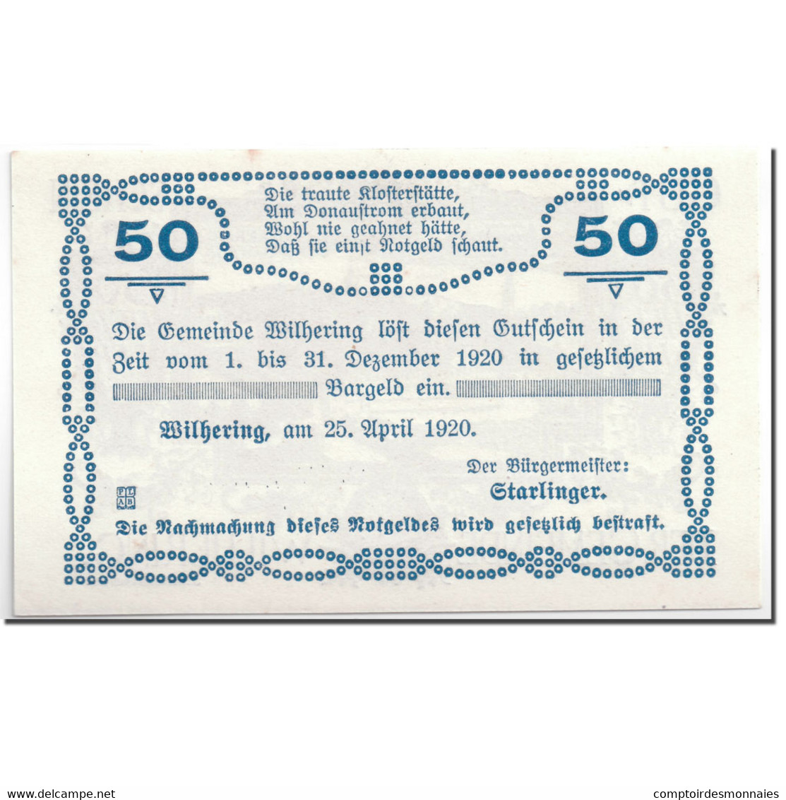 Billet, Autriche, Wilhering, 50 Heller, Paysage, 1920, 1920-04-25, SPL, Mehl:FS - Autriche