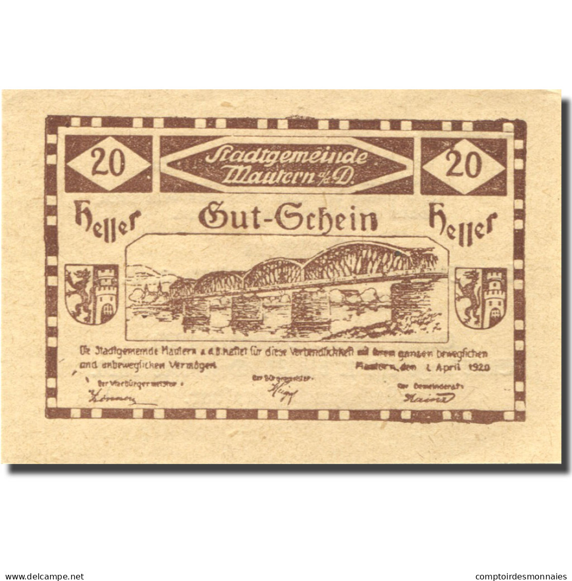 Billet, Autriche, Mautern, 20 Heller, Pont, 1920 SPL, Mehl:FS 600IIb2 - Autriche