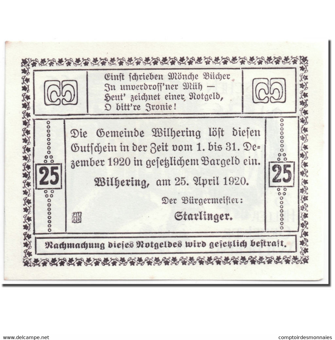 Billet, Autriche, Wilhering, 25 Heller, Eglise, 1920, 1920-04-25, SPL, Mehl:FS - Autriche