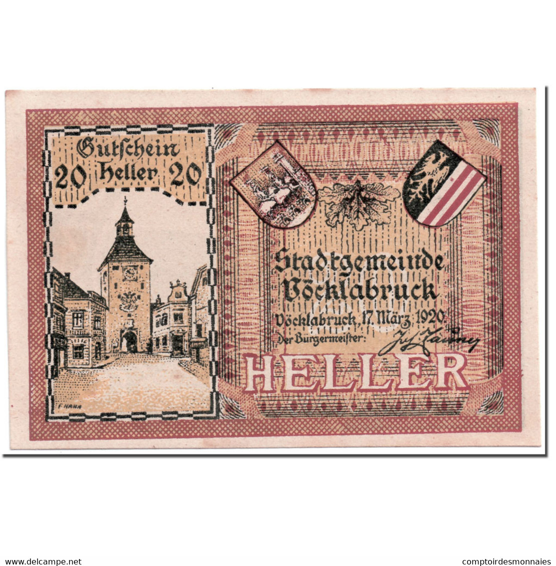 Billet, Autriche, Vocklabruck, 20 Heller, Paysage, 1920, 1920-03-17, SPL - Oesterreich