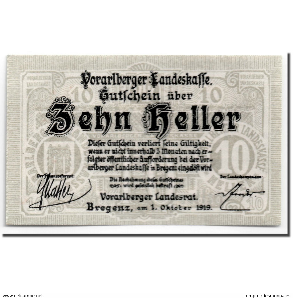 Billet, Autriche, Vorarlberger, 10 Heller, Ecusson, 1919, 1919-10-01, SPL - Autriche