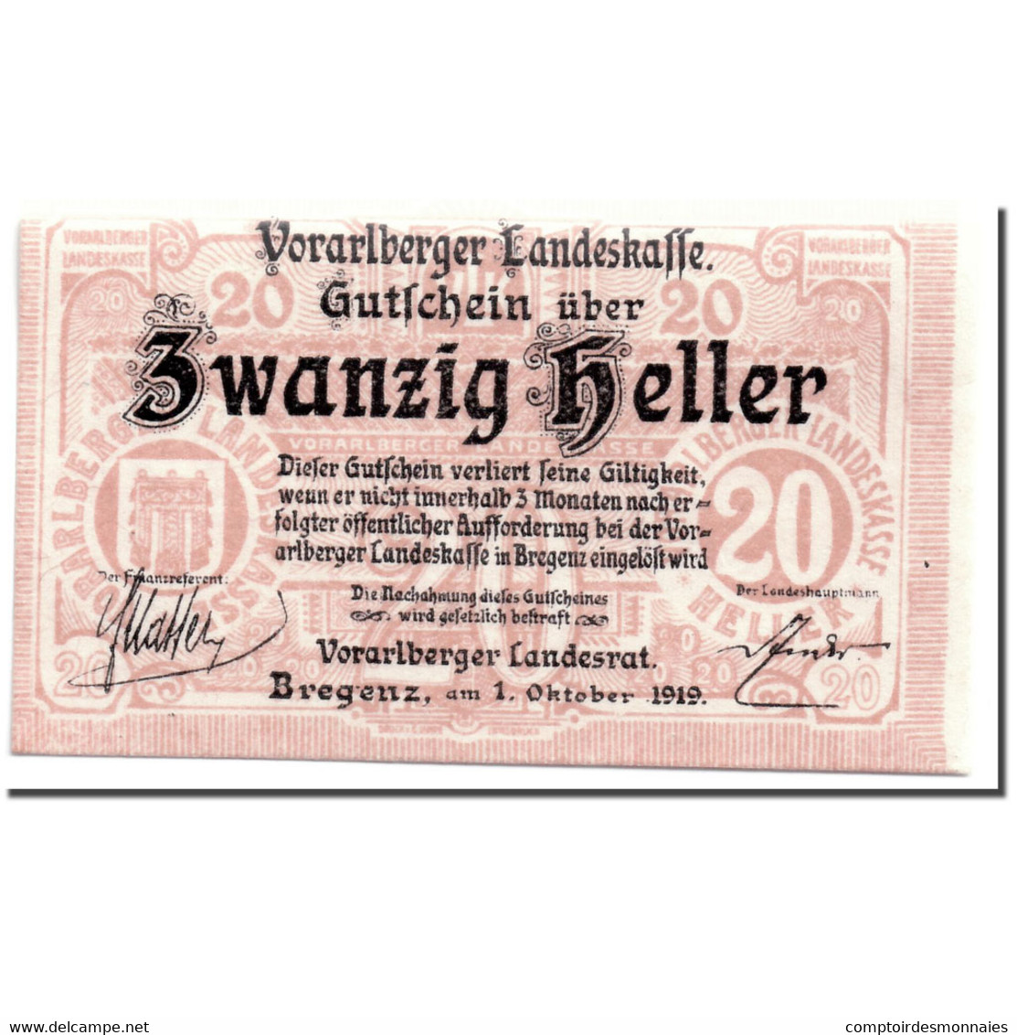 Billet, Autriche, Vorarlberger, 20 Heller, Ecusson, 1919, 1919-10-01, SPL - Autriche