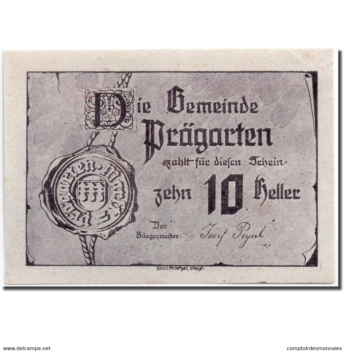 Billet, Autriche, Prägarten, 10 Heller, Métier à Tisser, 1920, SPL, Mehl:FS - Autriche