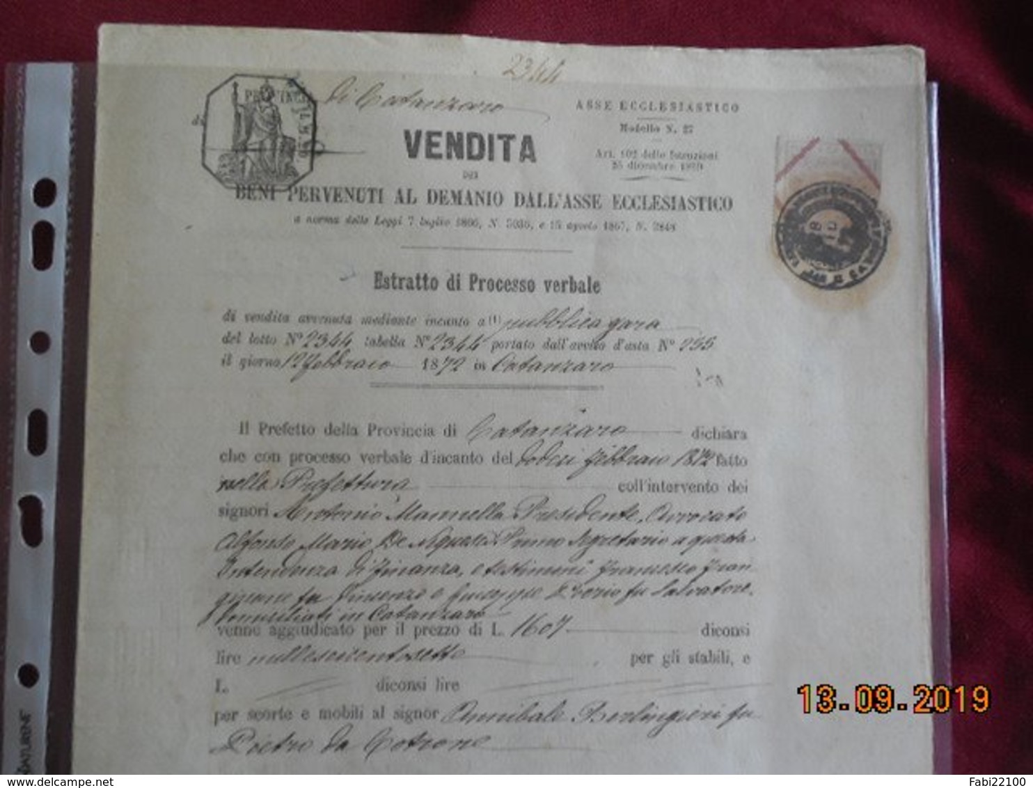 Italie 1872...certificat De Vente Par Adjudication - Italien