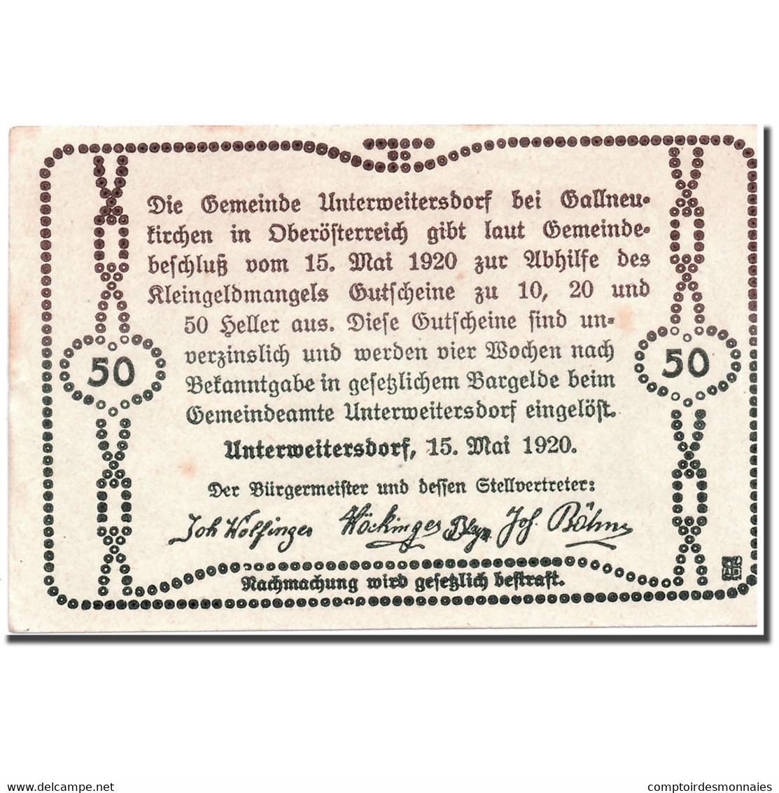 Billet, Autriche, Unterweitersdorf, 50 Heller, Paysage, 1920, 1920-05-15, SPL - Autriche