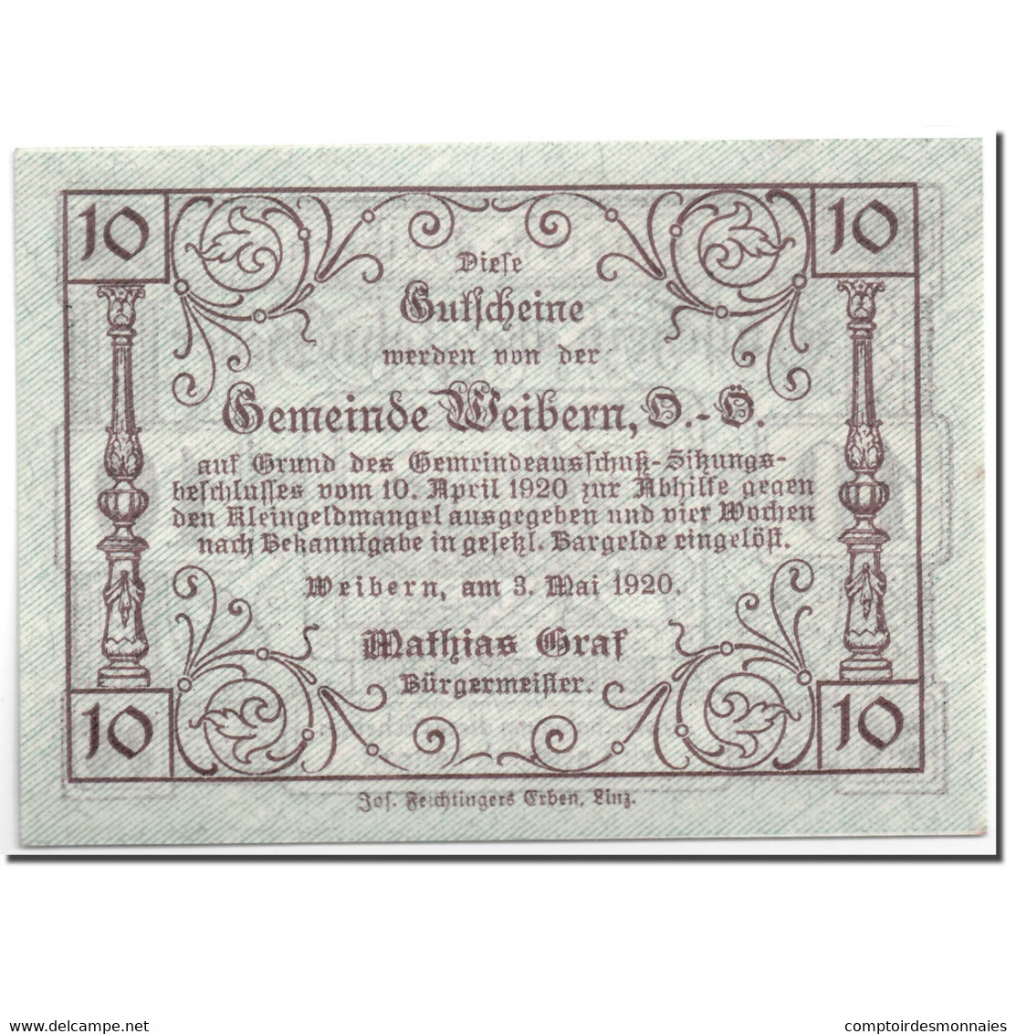 Billet, Autriche, Weibern, 10 Heller, Agriculteur, 1920, 1920-05-03, SPL - Autriche