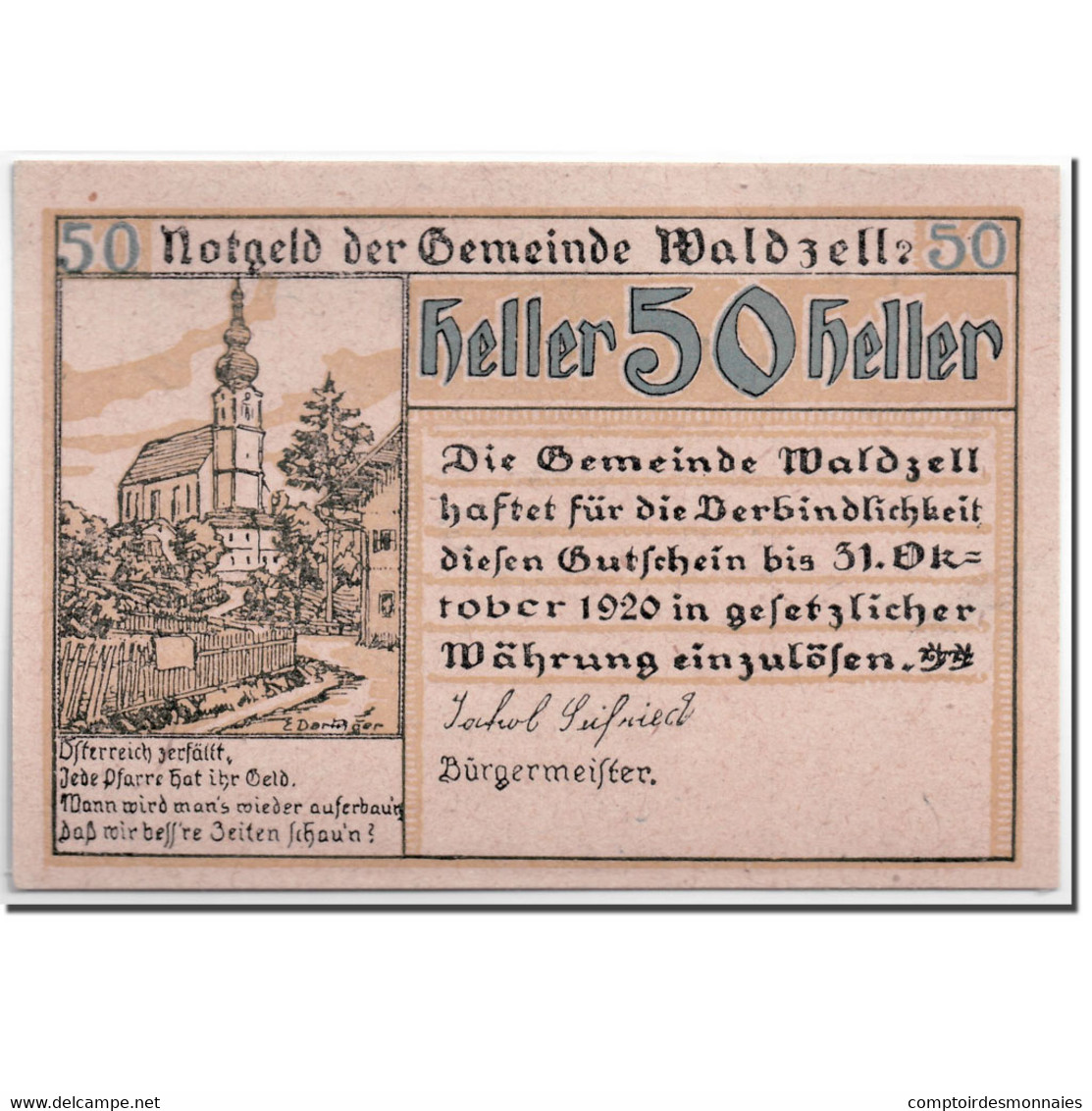 Billet, Autriche, Waldzell, 50 Heller, Eglise, 1920, SPL, Mehl:1135 - Autriche