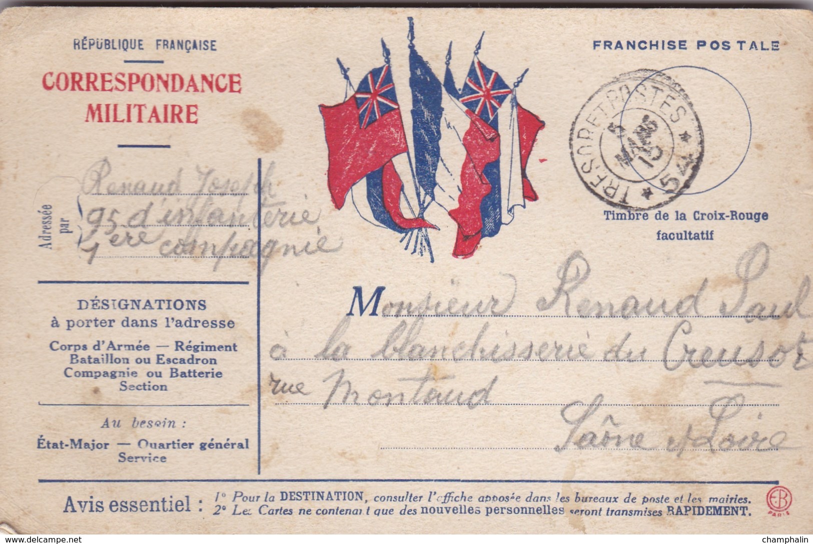 Carte De Correspondance Militaire - Pour Le Creusot (71) - 3 Mars 1915 - 95ème Régiment D'Infanterie - SP N°54 - Sully - Oorlog 1914-18